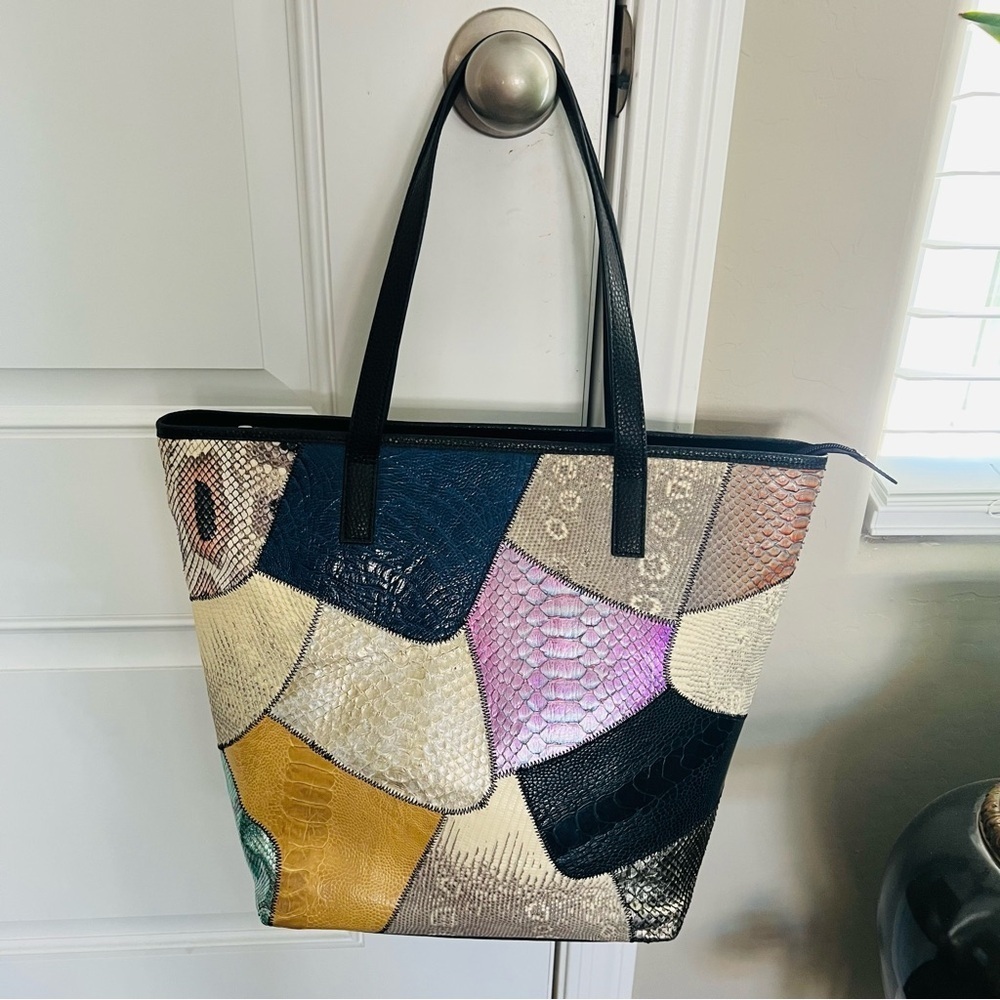 Vintage Python Snake Skin Leather Patchwork Shoulder Tote Bag